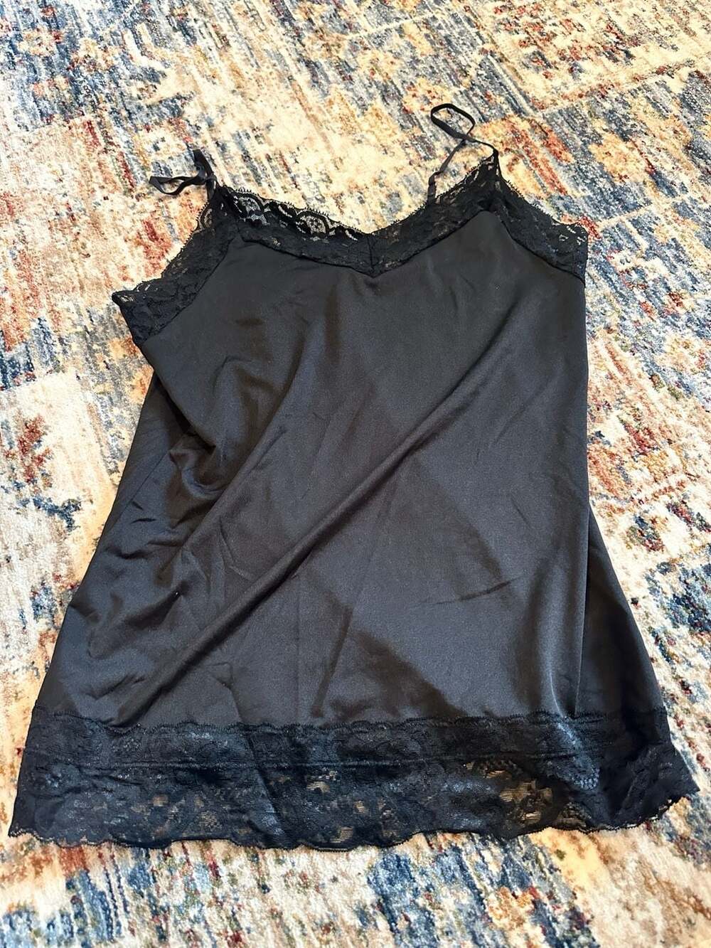 White House Black Market WHBM Black Satin Lace Trim Camisole Tank Top M